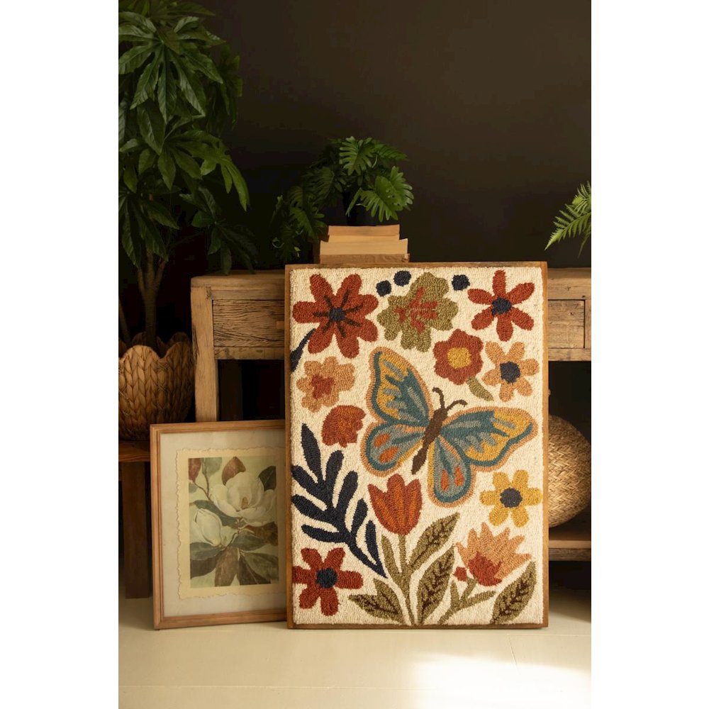 Wood Framed Hand-hooked Flowers & Butterfly