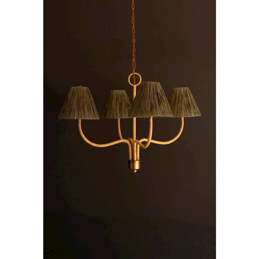 Rattan-Wrapped Chandelier With Raffia Shade