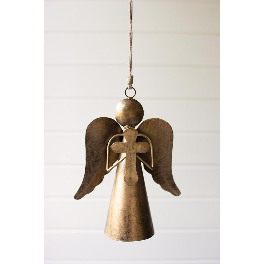 Antique Brass Angel Door Hanger Holding A Cross