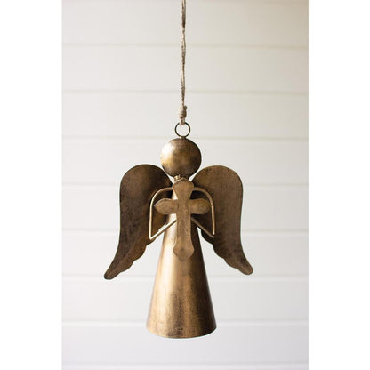 Antique Brass Angel Door Hanger Holding A Cross