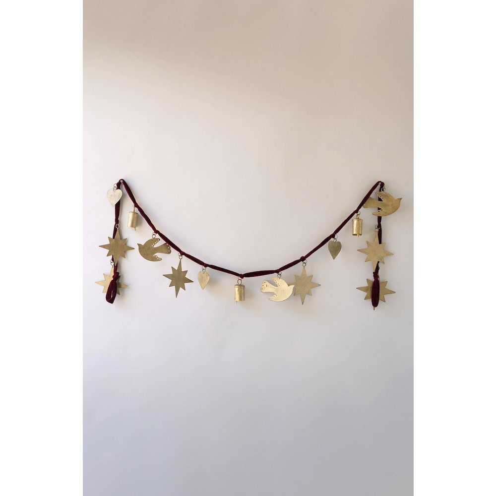 Christmas Charm Garland With Maroon Velvet Ribbon