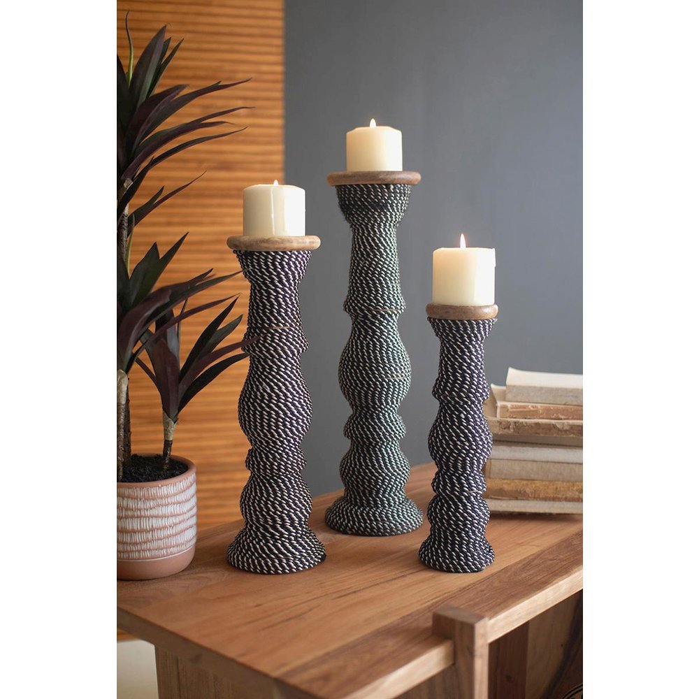 Set 3 Wooden Candle Holders With Black & White String