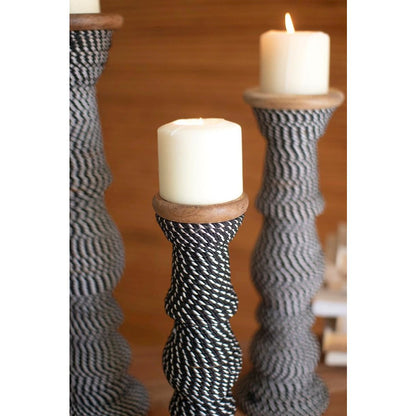 Set 3 Wooden Candle Holders With Black & White String