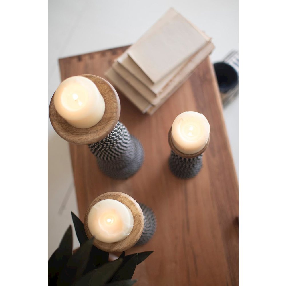 Set 3 Wooden Candle Holders With Black & White String