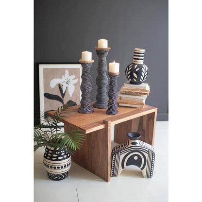Set 3 Wooden Candle Holders With Black & White String