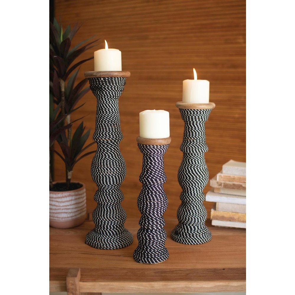 Set 3 Wooden Candle Holders With Black & White String