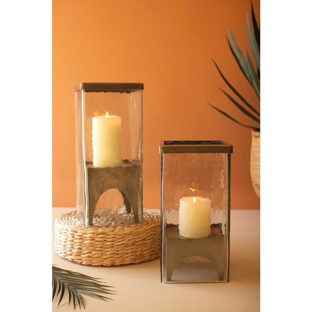 Set Of Two Square Glass Hurricanes With Antique Brass Bases