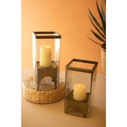 Set Of Two Square Glass Hurricanes With Antique Brass Bases