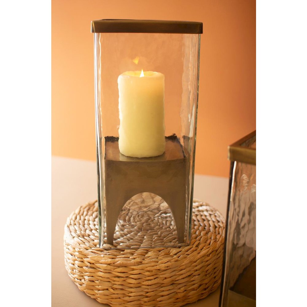 Set Of Two Square Glass Hurricanes With Antique Brass Bases