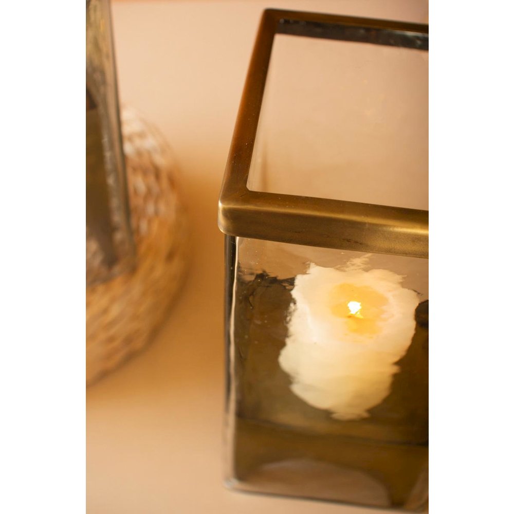 Set Of Two Square Glass Hurricanes With Antique Brass Bases