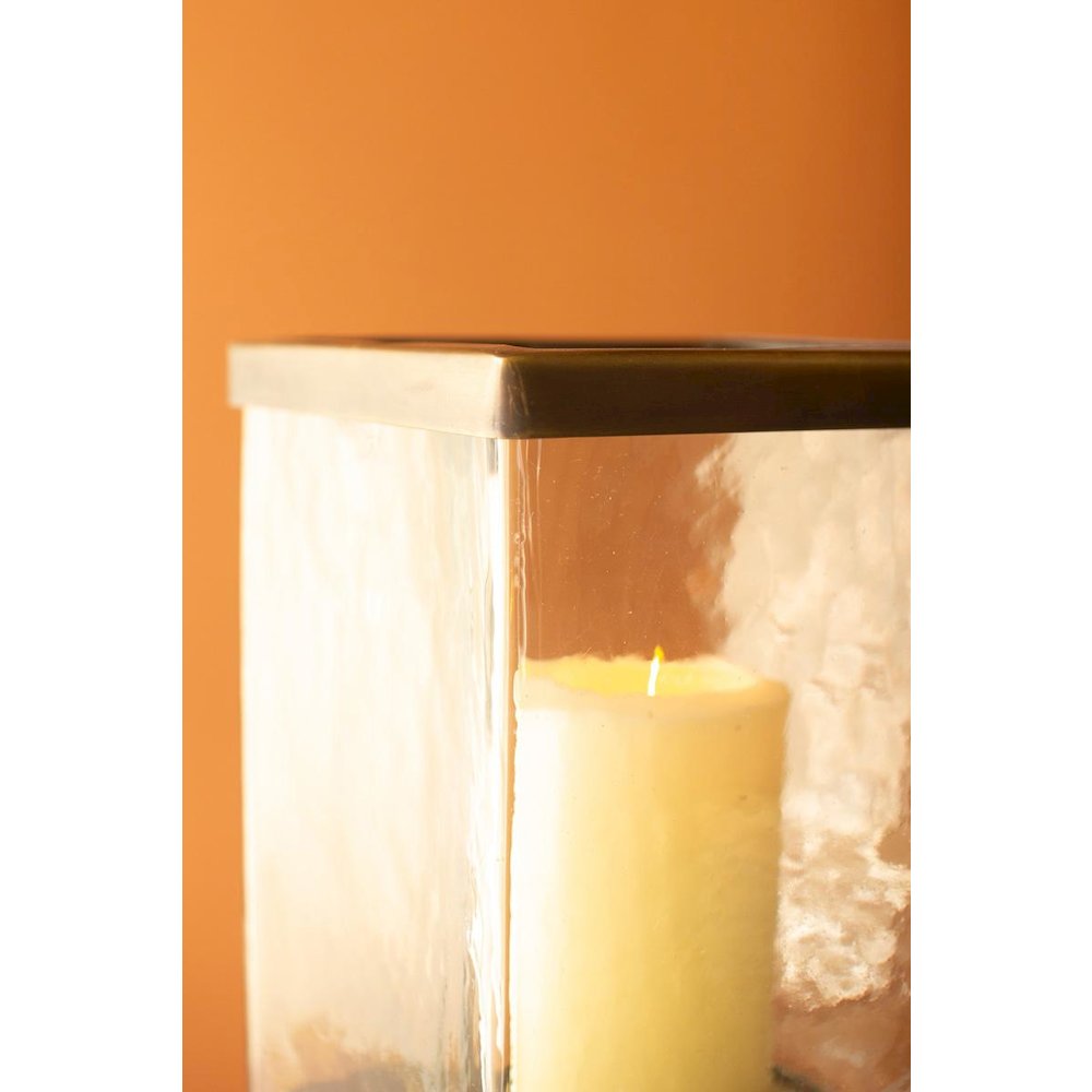 Set Of Two Square Glass Hurricanes With Antique Brass Bases