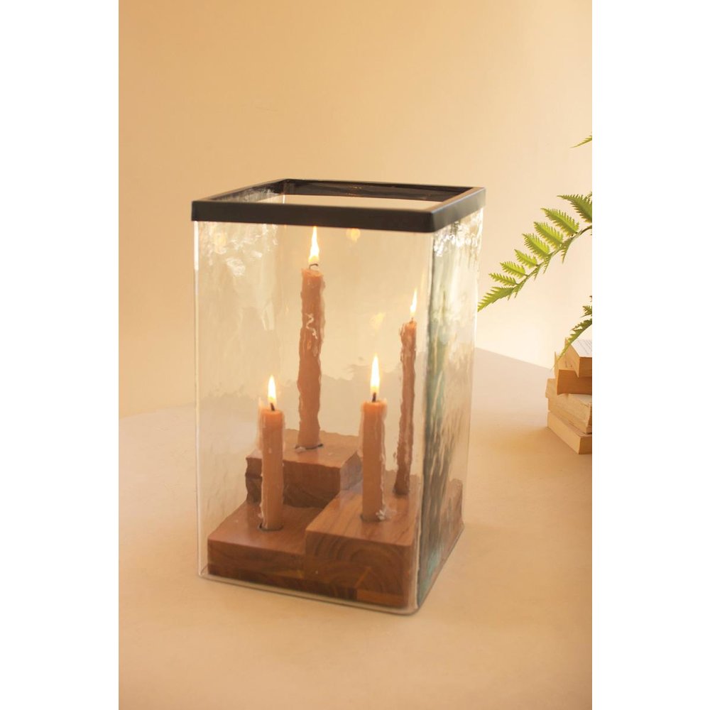Large Glass Hurricane With Four Taper Holder Wood Base