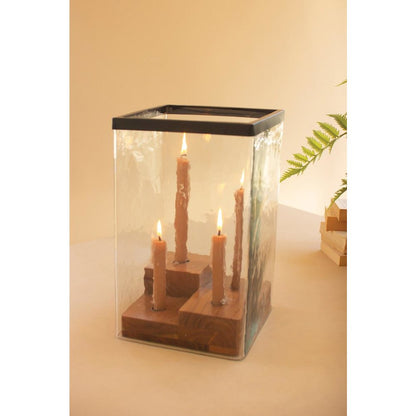 Large Glass Hurricane With Four Taper Holder Wood Base