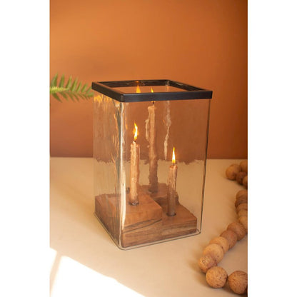 Large Glass Hurricane With Four Taper Holder Wood Base