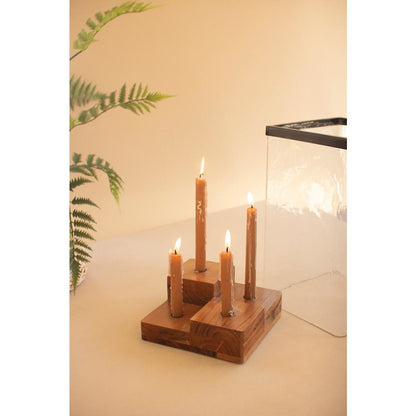 Large Glass Hurricane With Four Taper Holder Wood Base
