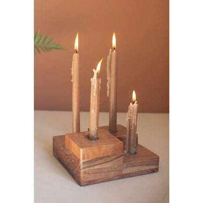 Large Glass Hurricane With Four Taper Holder Wood Base