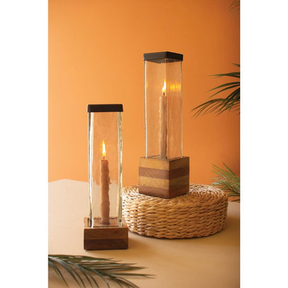 Set Of Two Square Glass And Wood Taper Candle Holders