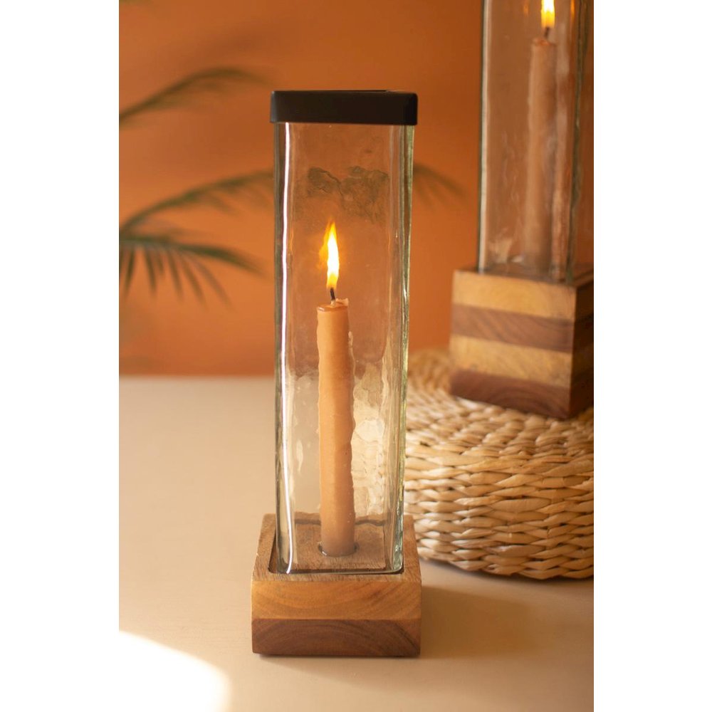 Set Of Two Square Glass And Wood Taper Candle Holders