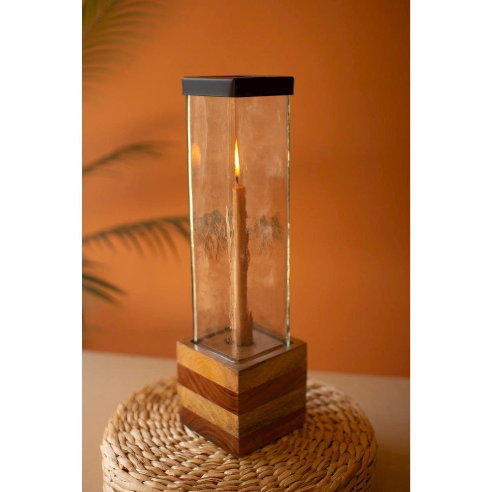 Set Of Two Square Glass And Wood Taper Candle Holders