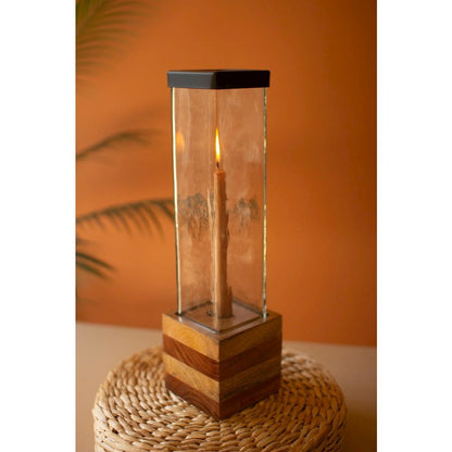Set Of Two Square Glass And Wood Taper Candle Holders