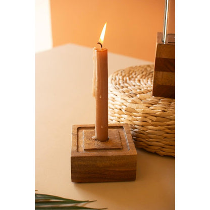 Set Of Two Square Glass And Wood Taper Candle Holders
