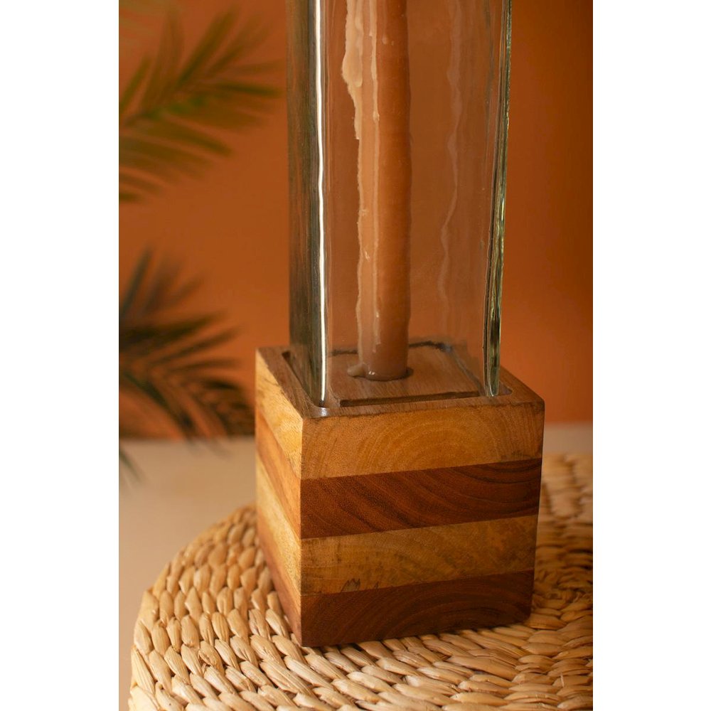 Set Of Two Square Glass And Wood Taper Candle Holders