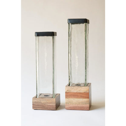 Set Of Two Square Glass And Wood Taper Candle Holders