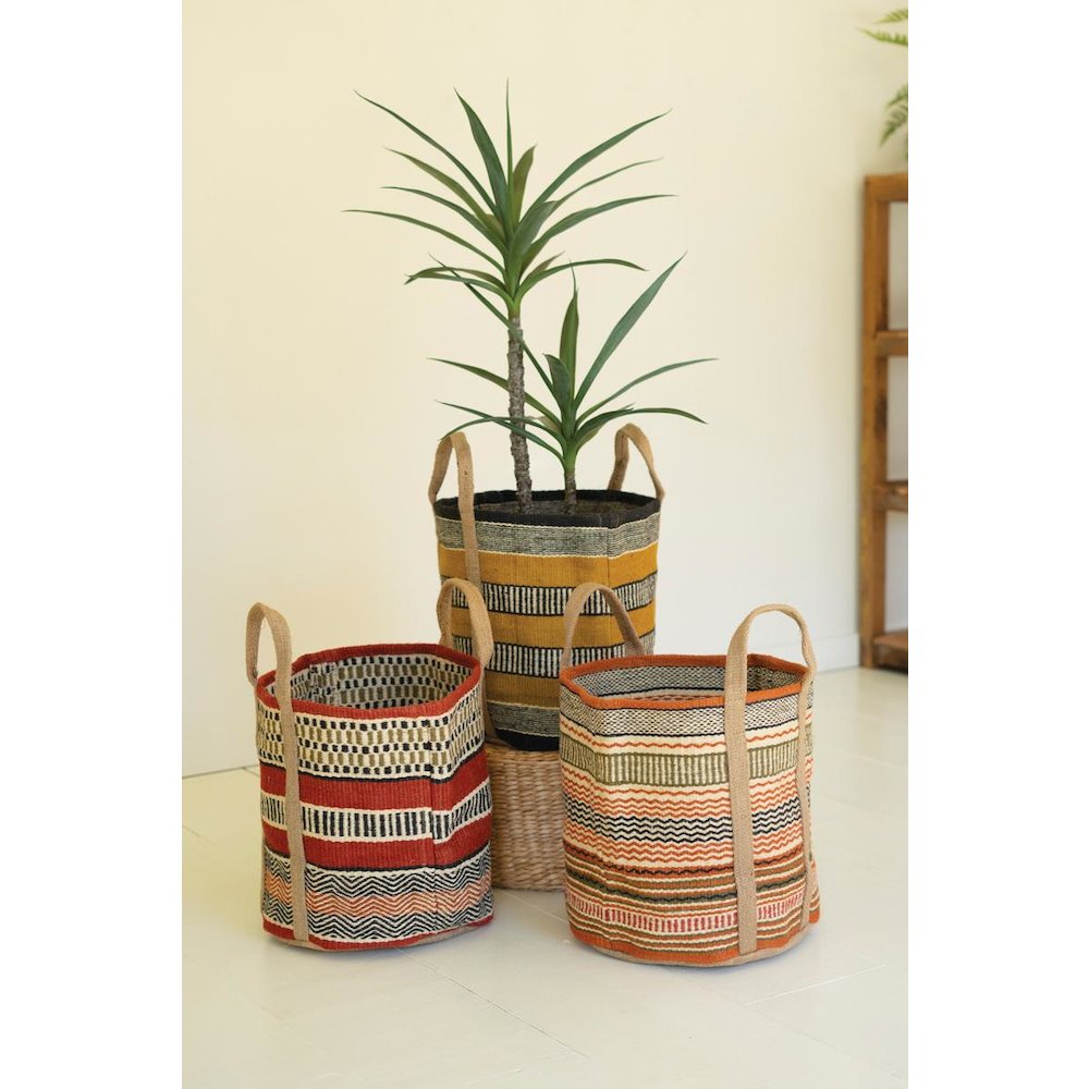 Set Of Three Multi-Colored Woven Jute Baskets With Handles