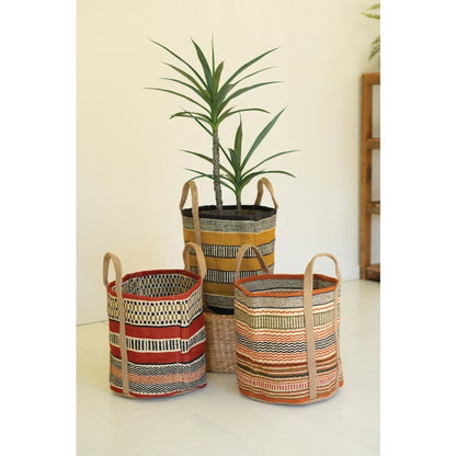 Set Of Three Multi-Colored Woven Jute Baskets With Handles