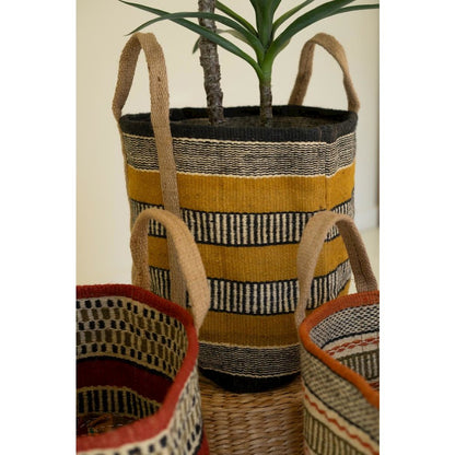 Set Of Three Multi-Colored Woven Jute Baskets With Handles
