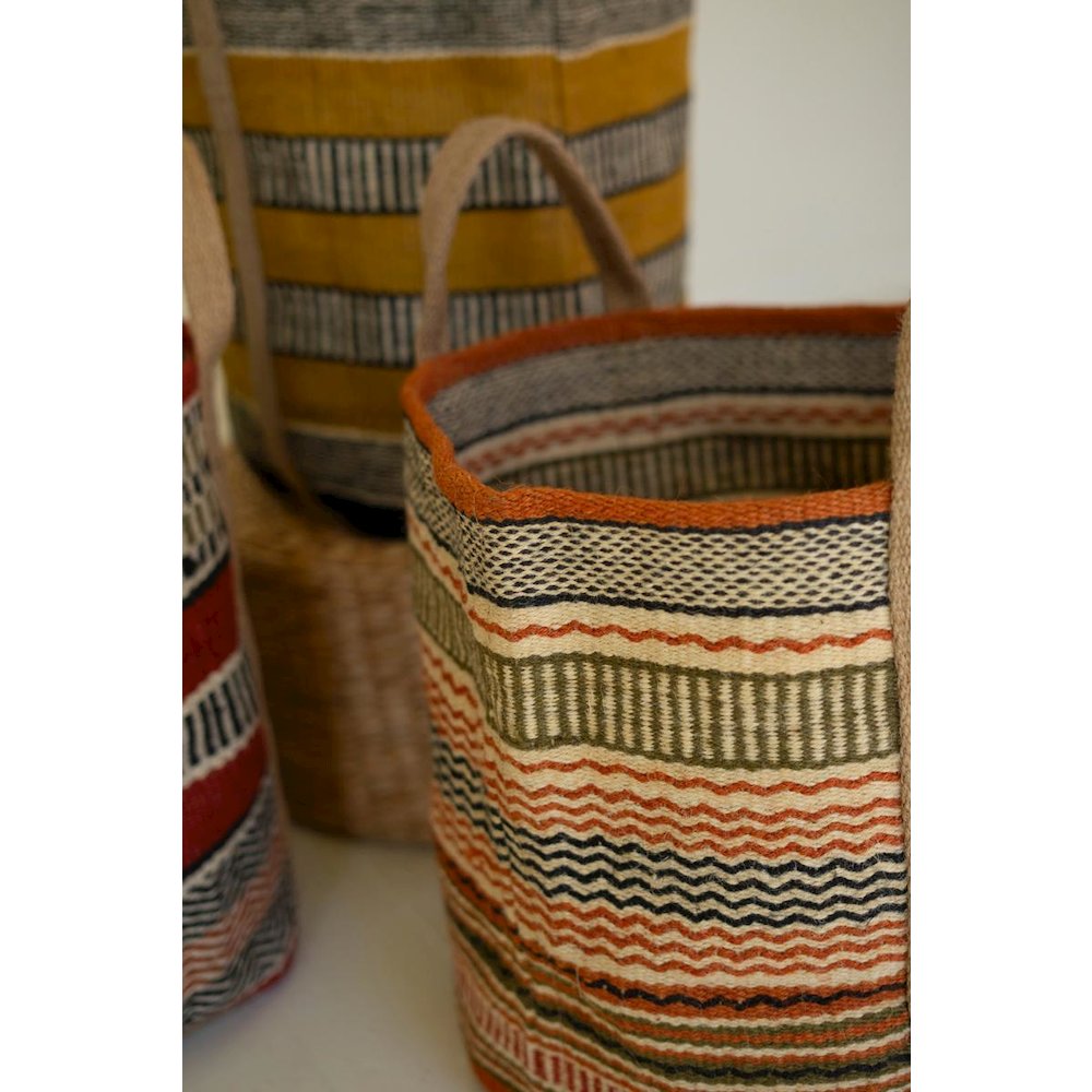 Set Of Three Multi-Colored Woven Jute Baskets With Handles