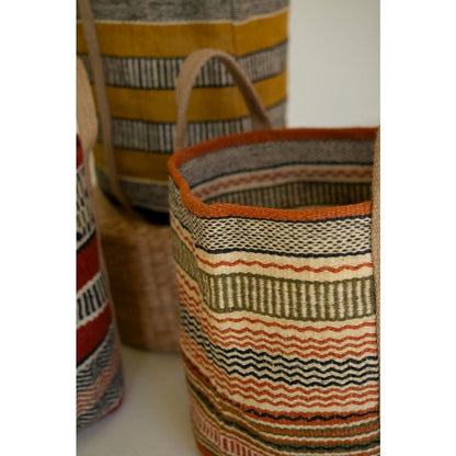 Set Of Three Multi-Colored Woven Jute Baskets With Handles