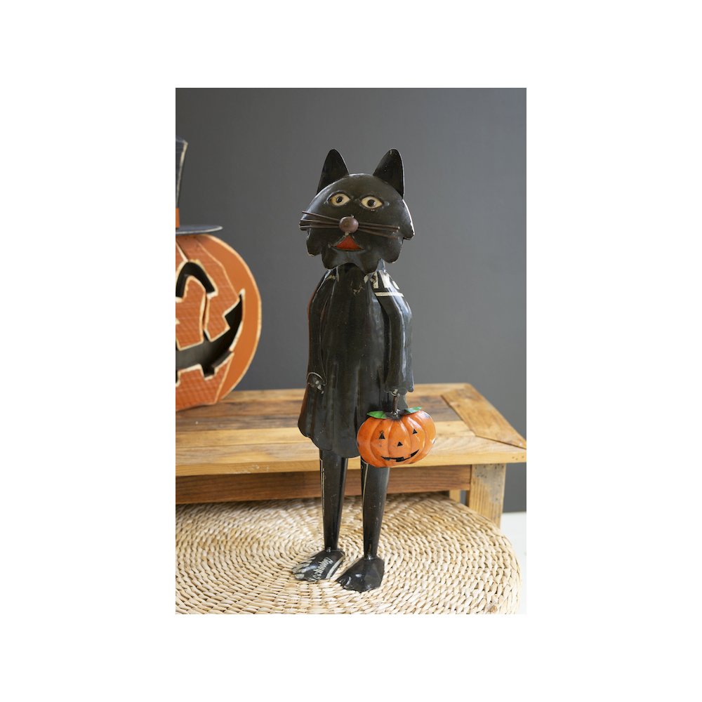 Recycled Iron Standing Black Halloween Cat Holding Pumpkin