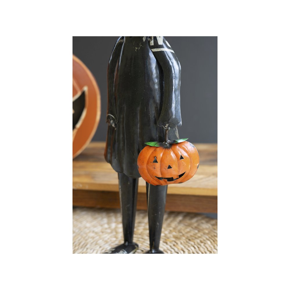 Recycled Iron Standing Black Halloween Cat Holding Pumpkin
