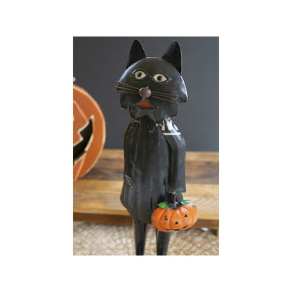 Recycled Iron Standing Black Halloween Cat Holding Pumpkin