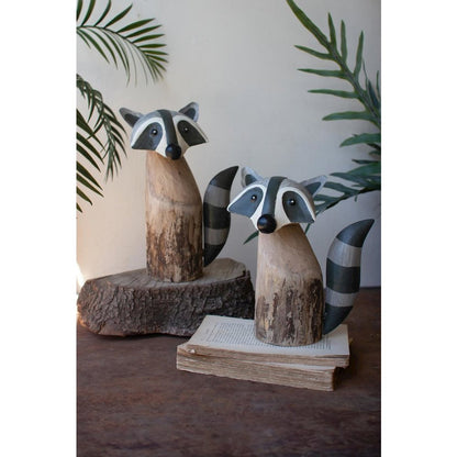Set Of Two Recycled Wood And Iron Raccoons