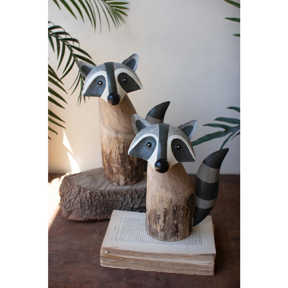 Set Of Two Recycled Wood And Iron Raccoons