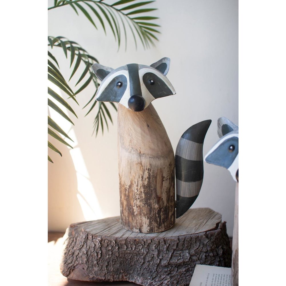 Set Of Two Recycled Wood And Iron Raccoons