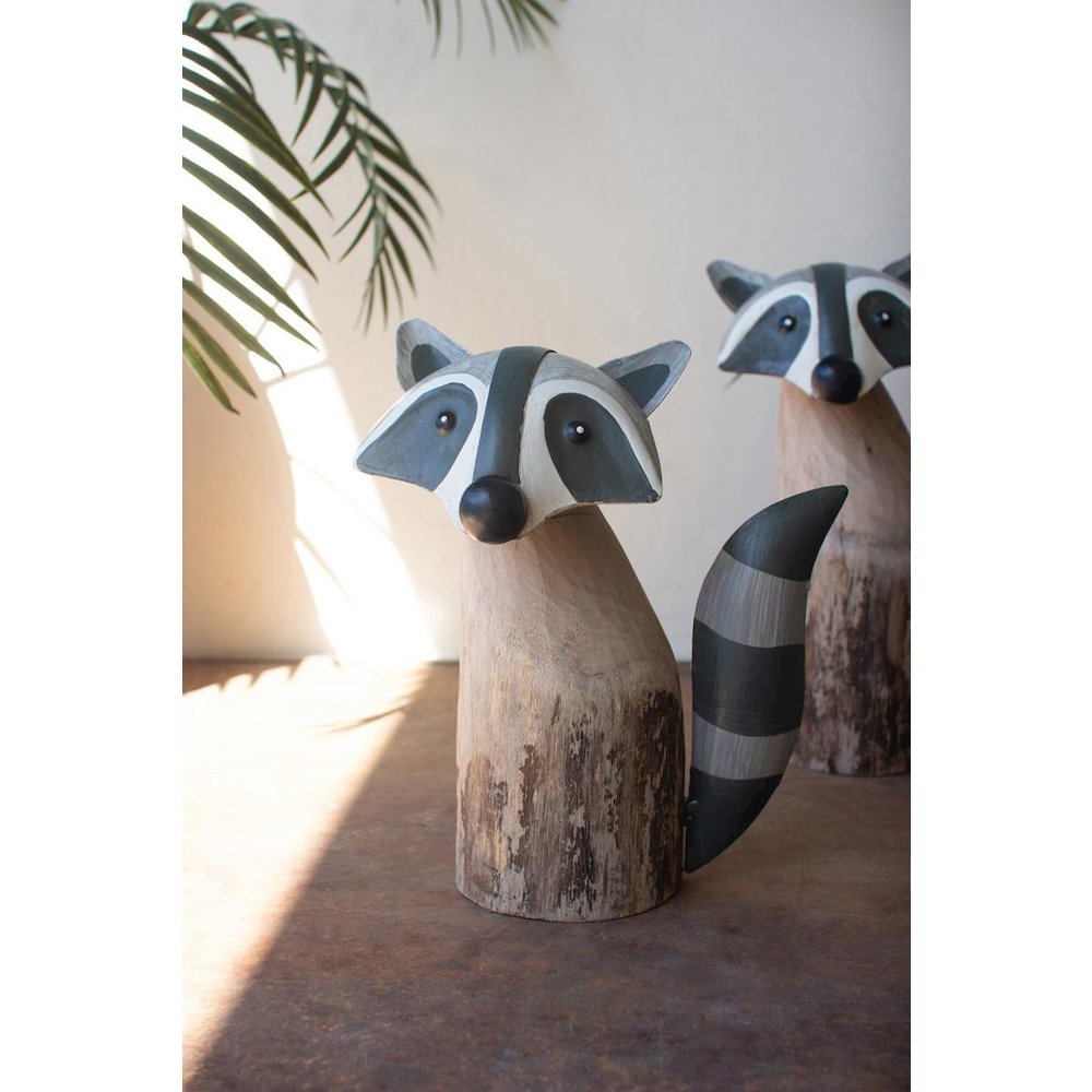 Set Of Two Recycled Wood And Iron Raccoons