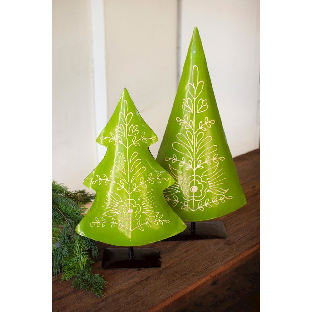 Set Of Two Recycled Painted Metal Folk Christmas Trees
