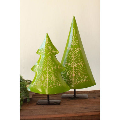 Set Of Two Recycled Painted Metal Folk Christmas Trees