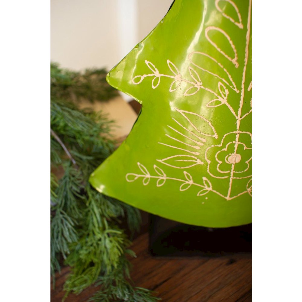 Set Of Two Recycled Painted Metal Folk Christmas Trees