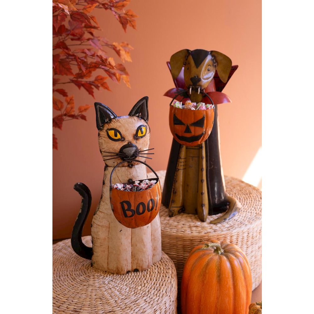 Set Of Two Recycled Metal Halloween Cat And  Dog