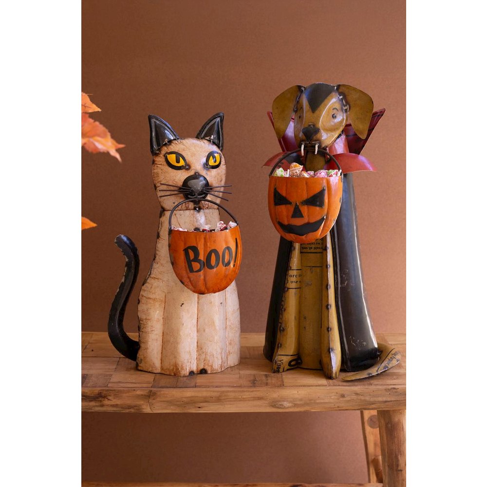 Set Of Two Recycled Metal Halloween Cat And  Dog