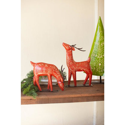 Set Of Two  Painted Recycled  Metal  Folk Reindeer