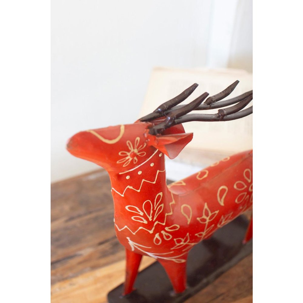 Set Of Two  Painted Recycled  Metal  Folk Reindeer