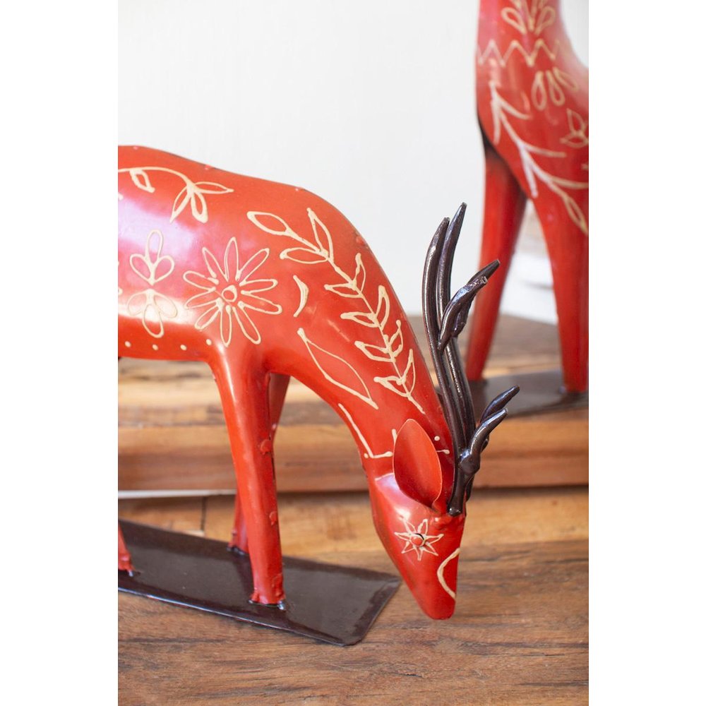 Set Of Two  Painted Recycled  Metal  Folk Reindeer
