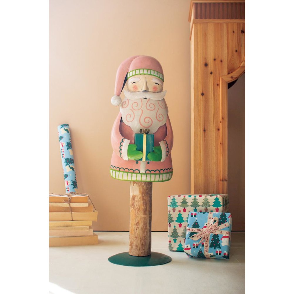 Painted Metal Santa On Wood Base