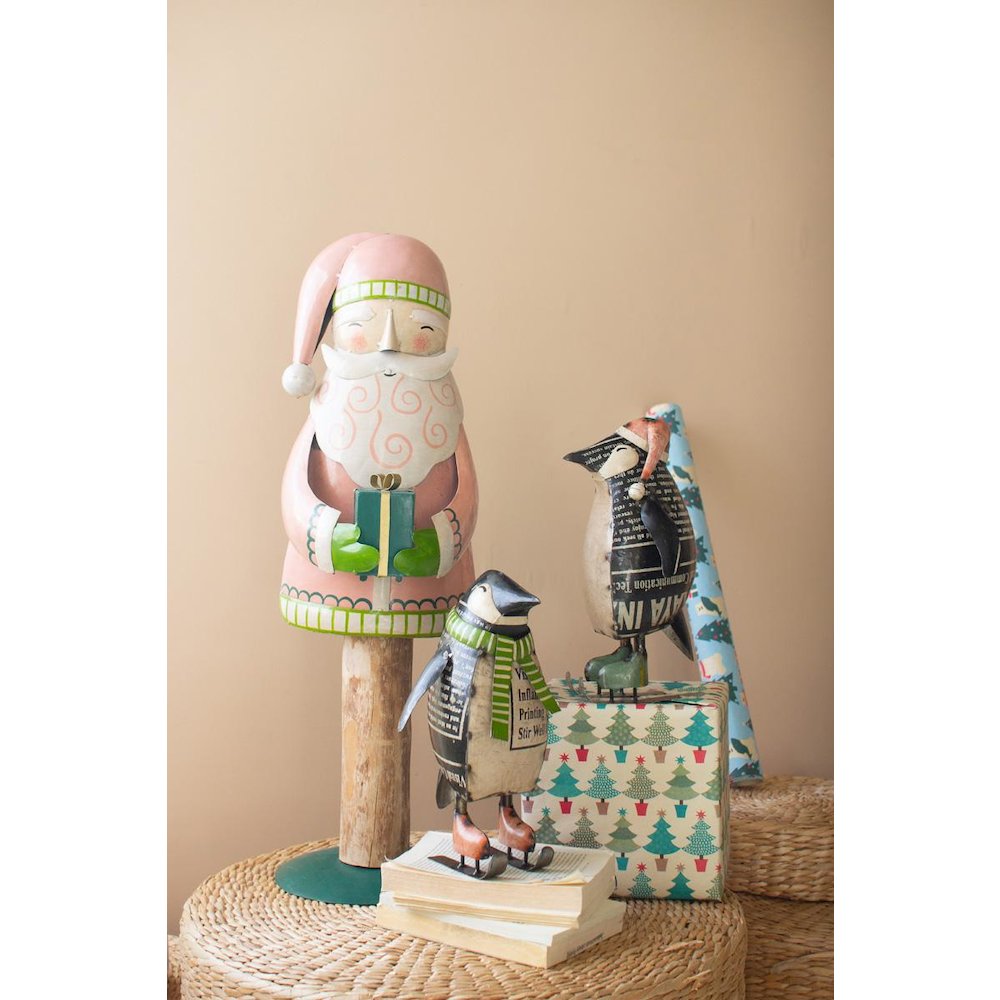 Painted Metal Santa On Wood Base