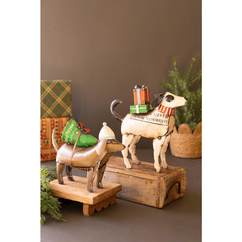 Set Of Two Recycled Metal Christmas Dogs